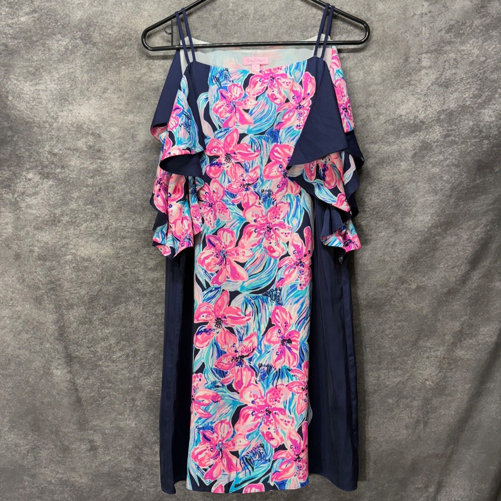 Lilly Pulitzer Kara Bright Navy Hypes Stripes Cascade Ruffles Side Dress Size S